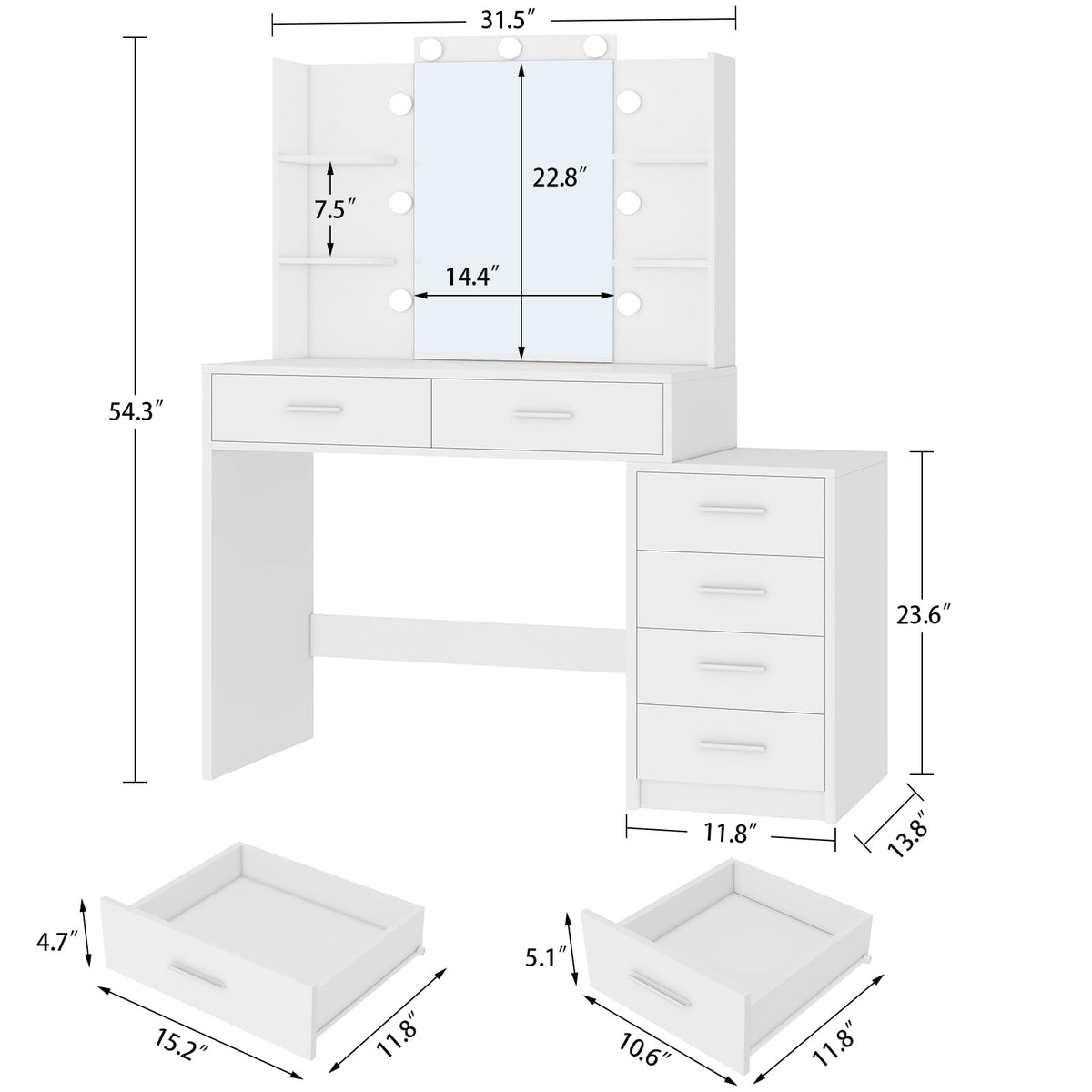 41.3" White Vanity Desk with Mirror and 9 LED Lights O613343
