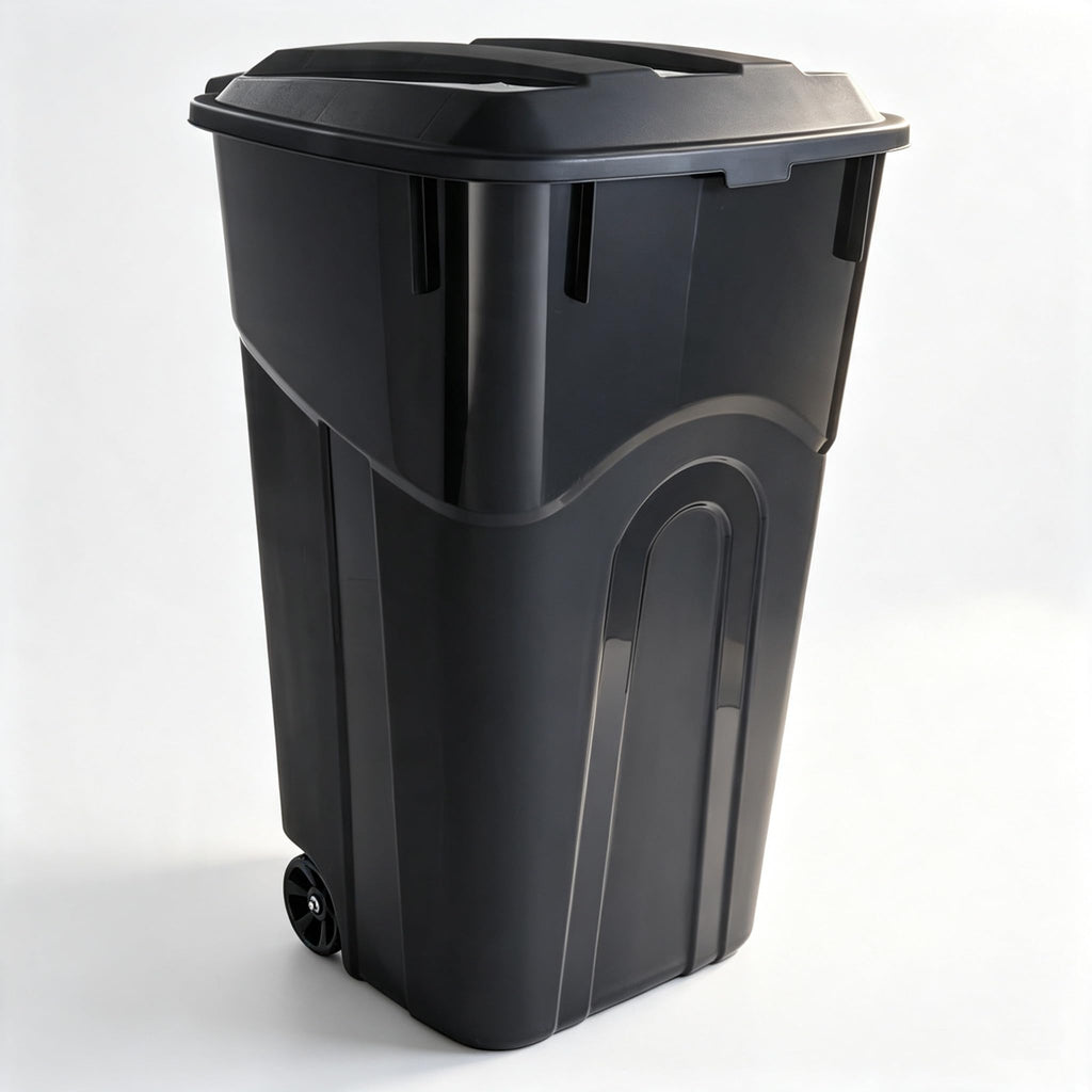 32 Gallon Black Plastic Wheeled Trash Can with Lid T472919