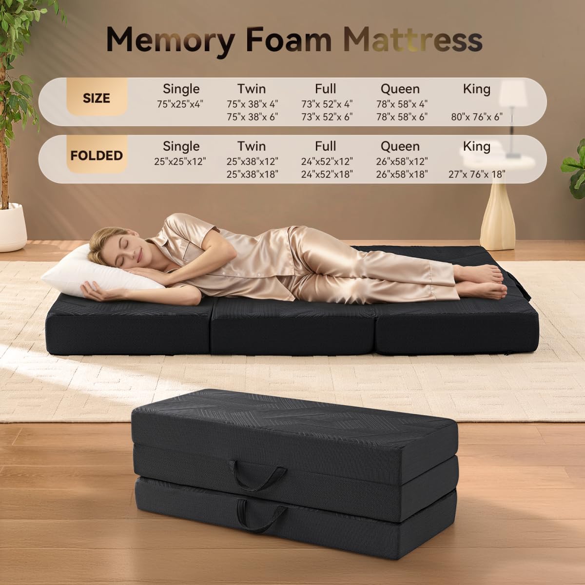 6 Inch Memory Foam Tri-Fold Twin Mattress with Washable Cover Q4663