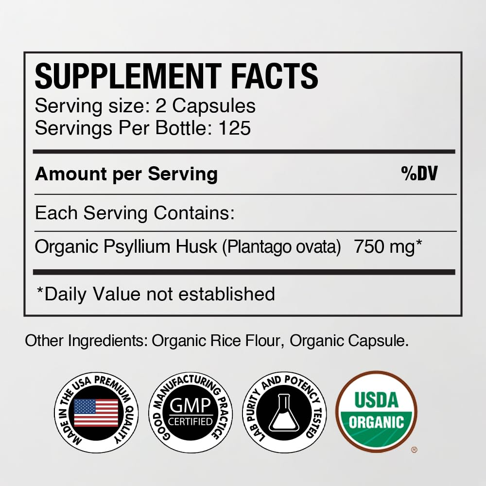 Organic Psyllium Husk Capsules 750 mg Fiber Supplement 250 Capsules Pack of 2 T581