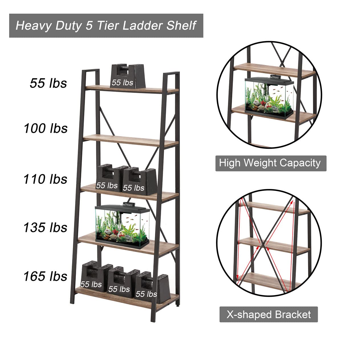 5 Tier Wood and Metal Ladder Bookshelf X363