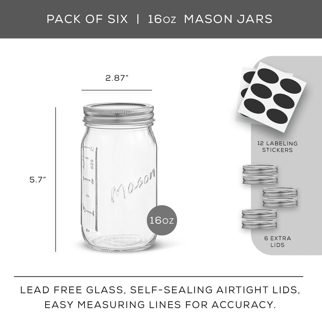 16 Oz 6-Pack Regular Mouth Glass Mason Jars with Lids L601