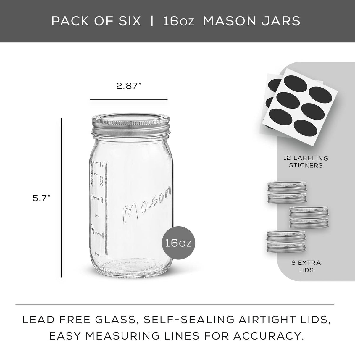 16 Oz 6-Pack Regular Mouth Glass Mason Jars with Lids L601