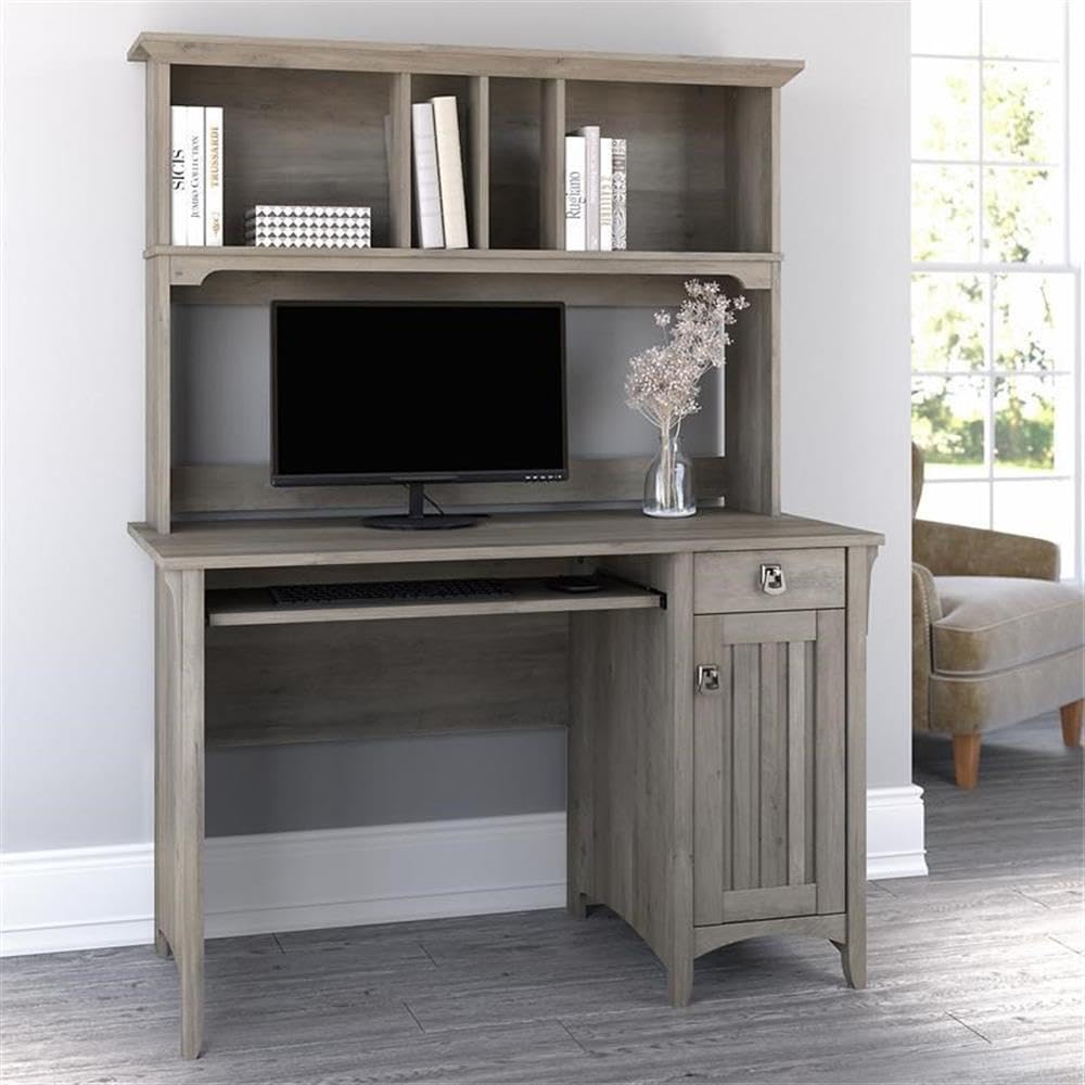 Small Computer Desk with Hutch, Driftwood Gray M358068