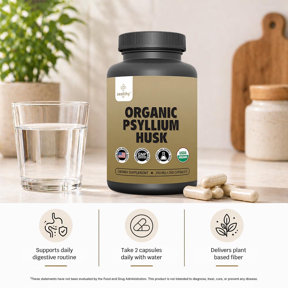 Organic Psyllium Husk Capsules 750 mg Fiber Supplement 250 Capsules Pack of 2 T581