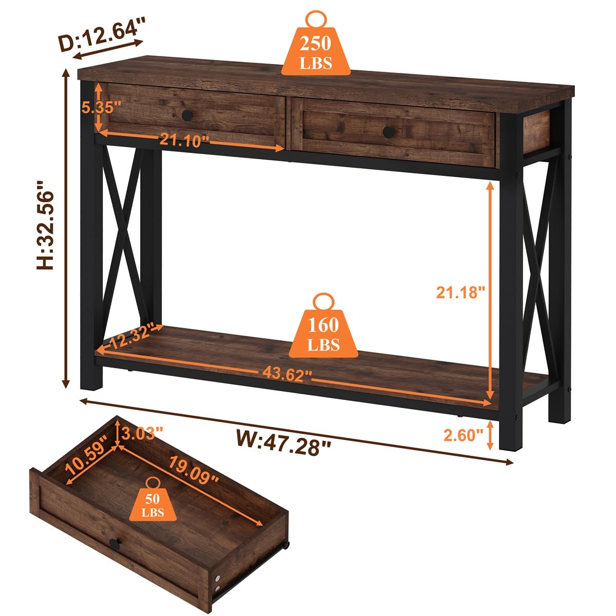 Rustic Oak 47 Inch Console Table with 2 Drawers R472