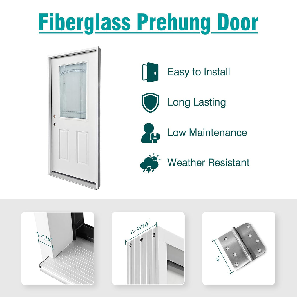White Fiberglass Prehung 36" x 80" Entry Door D4615