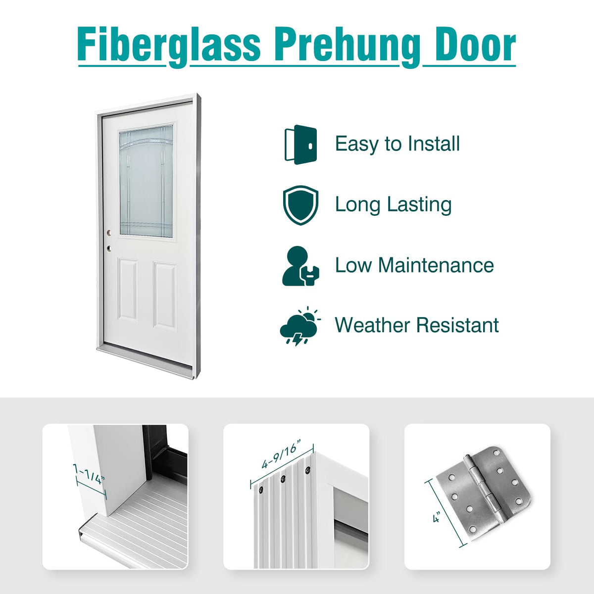 White Fiberglass Prehung 36" x 80" Entry Door D4615