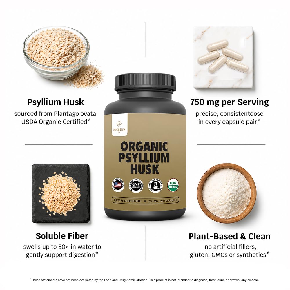 Organic Psyllium Husk Capsules 750 mg Fiber Supplement 250 Capsules Pack of 2 T581