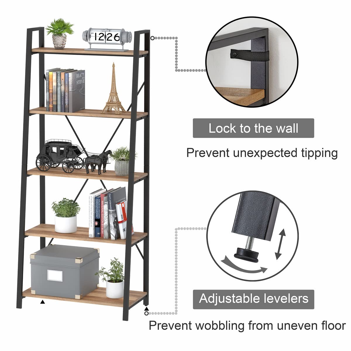 5 Tier Wood and Metal Ladder Bookshelf X363