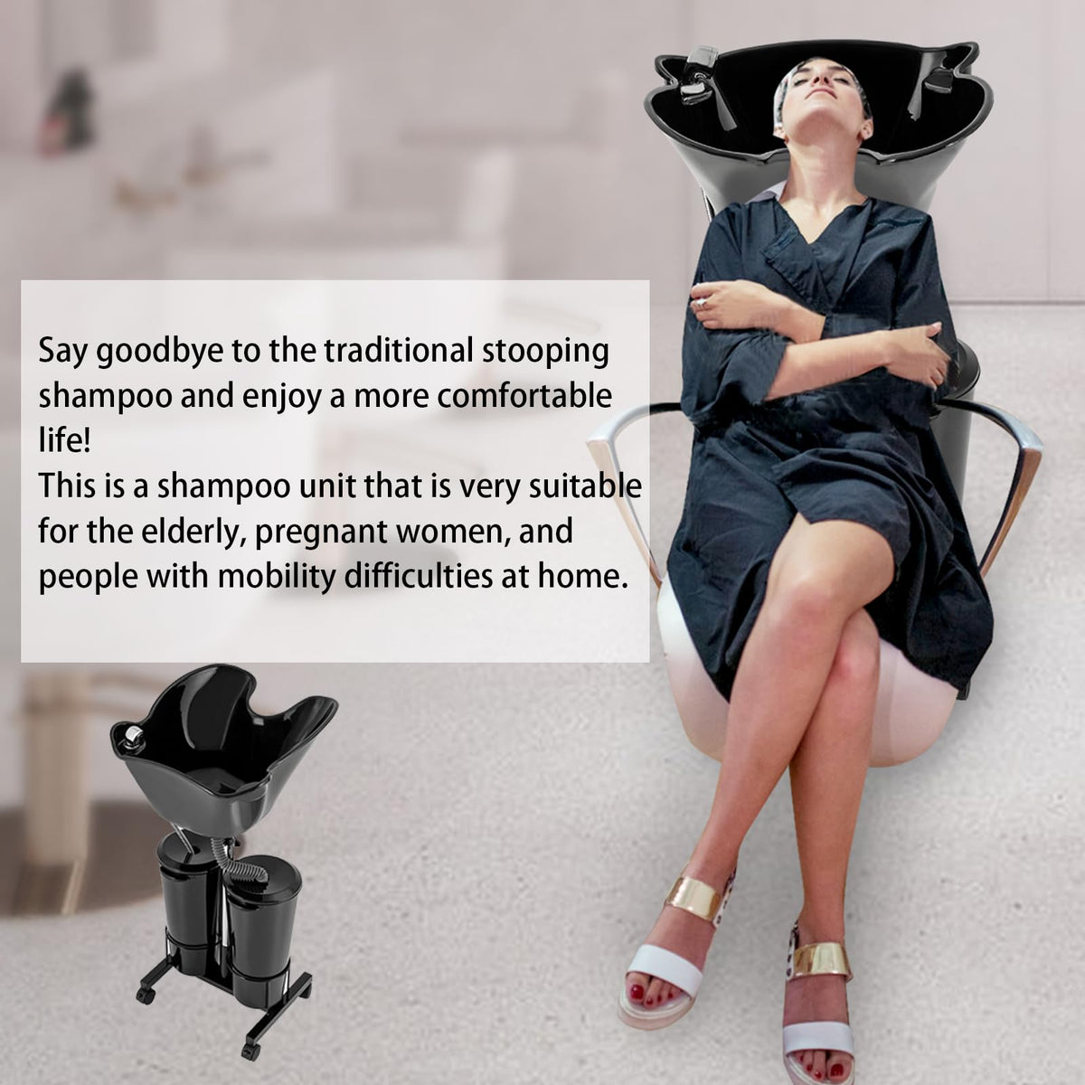 Portable Mobile Shampoo Bowl with Electric Pump, 2 Bucket, Drain Hoses, Height-Adjustable M106
