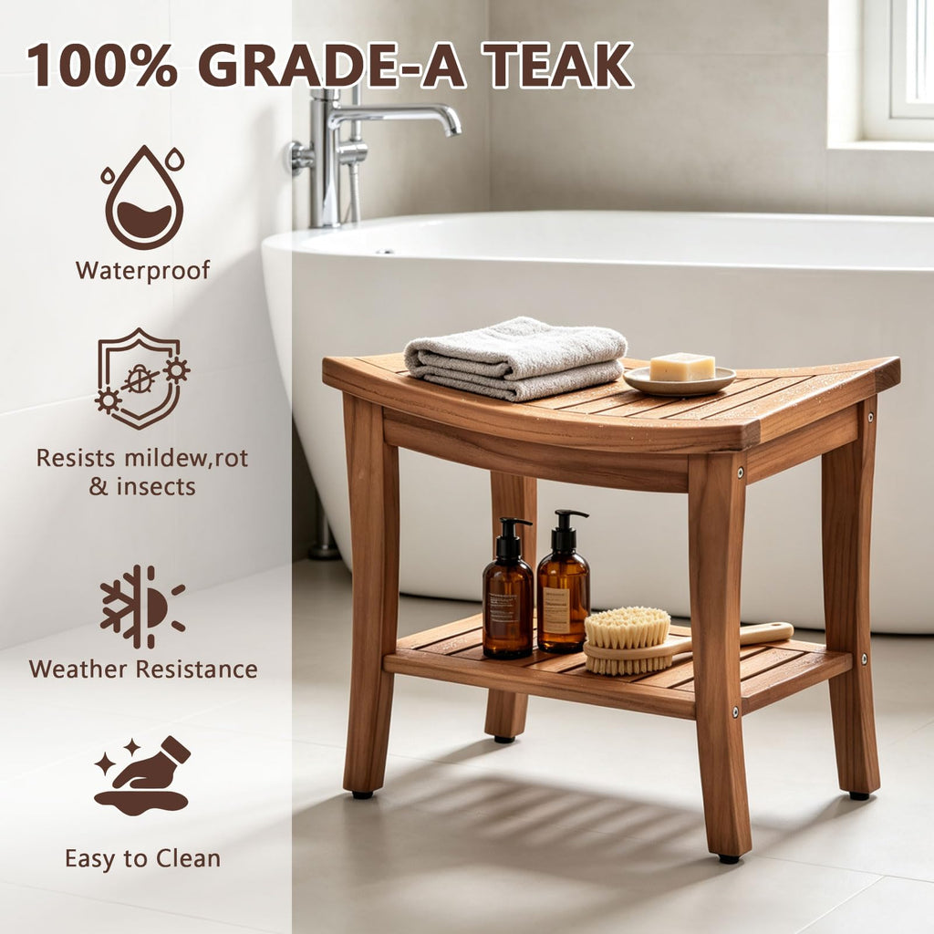 Teak Shower Bench Stool with Shelf T8317