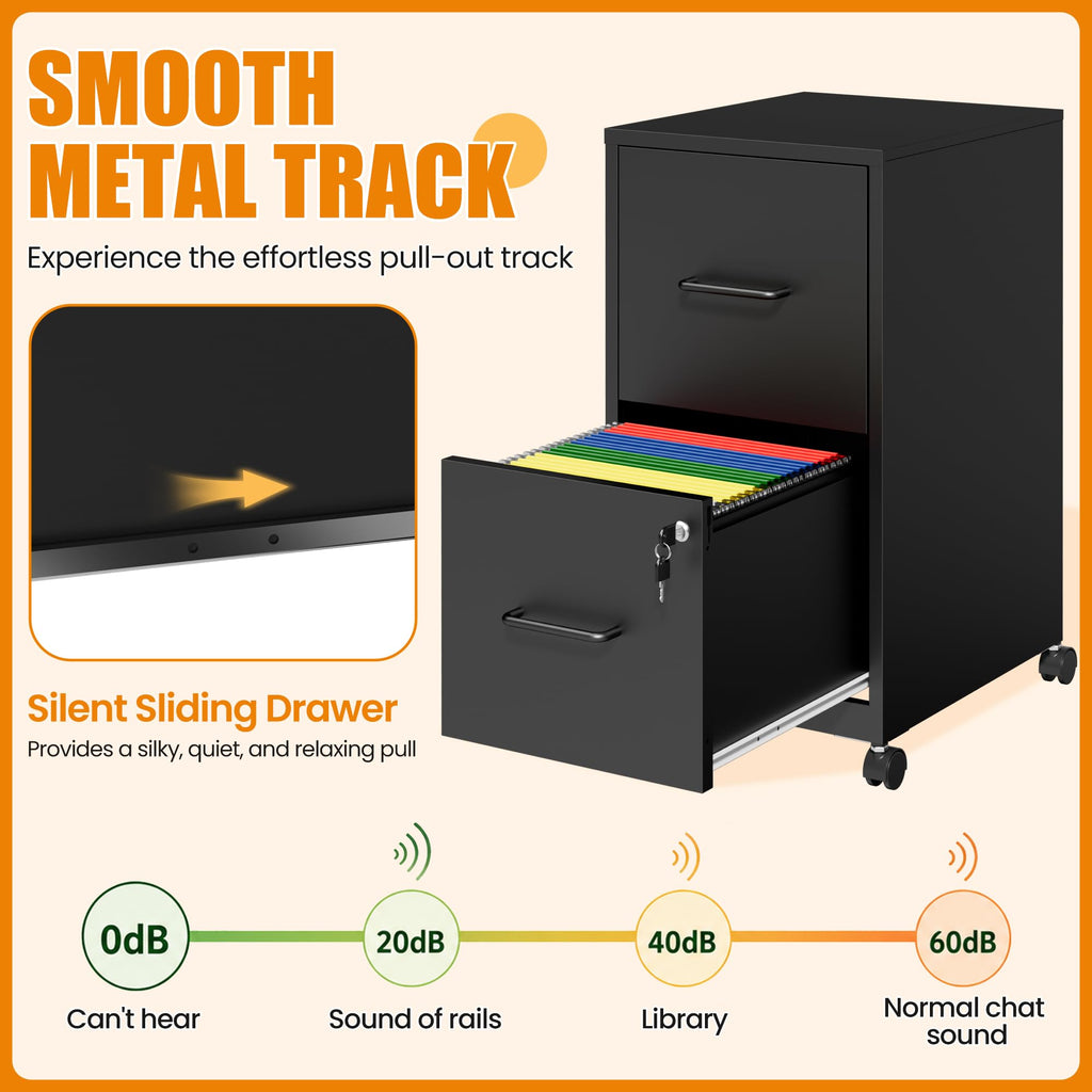 Black 2 Drawer Metal File Cabinet with Wheels and Lock F75863