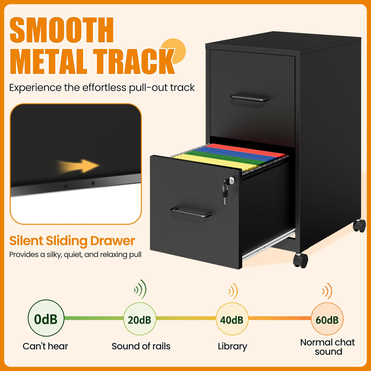 Black 2 Drawer Metal File Cabinet with Wheels and Lock F75863