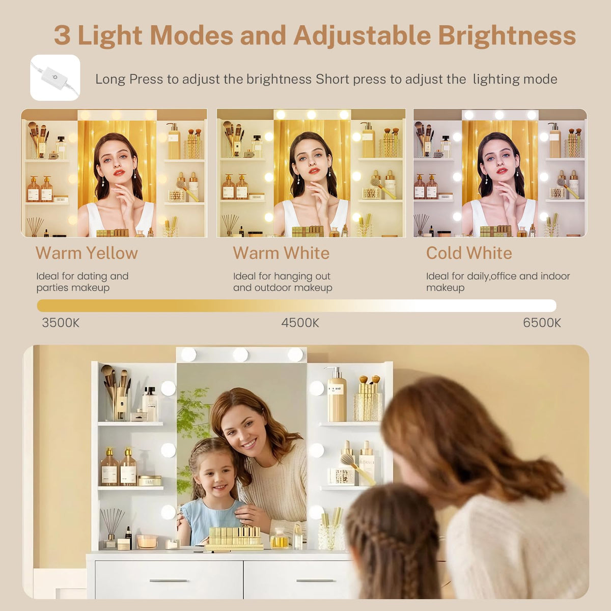 41.3" White Vanity Desk with Mirror and 9 LED Lights O613343