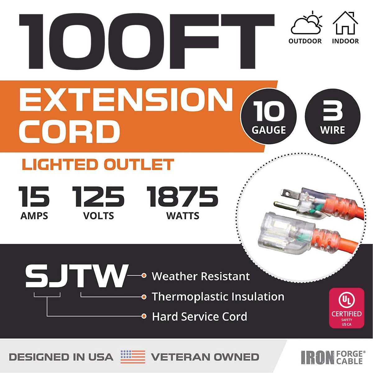 10 Gauge Heavy Duty Extension Cord 100 Ft Orange SJTW F879420