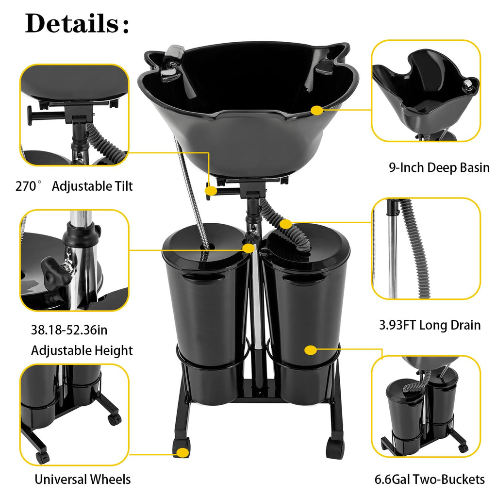 Portable Mobile Shampoo Bowl with Electric Pump, 2 Bucket, Drain Hoses, Height-Adjustable M106
