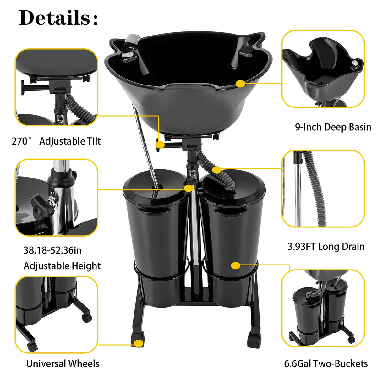 Portable Mobile Shampoo Bowl with Electric Pump, 2 Bucket, Drain Hoses, Height-Adjustable M106
