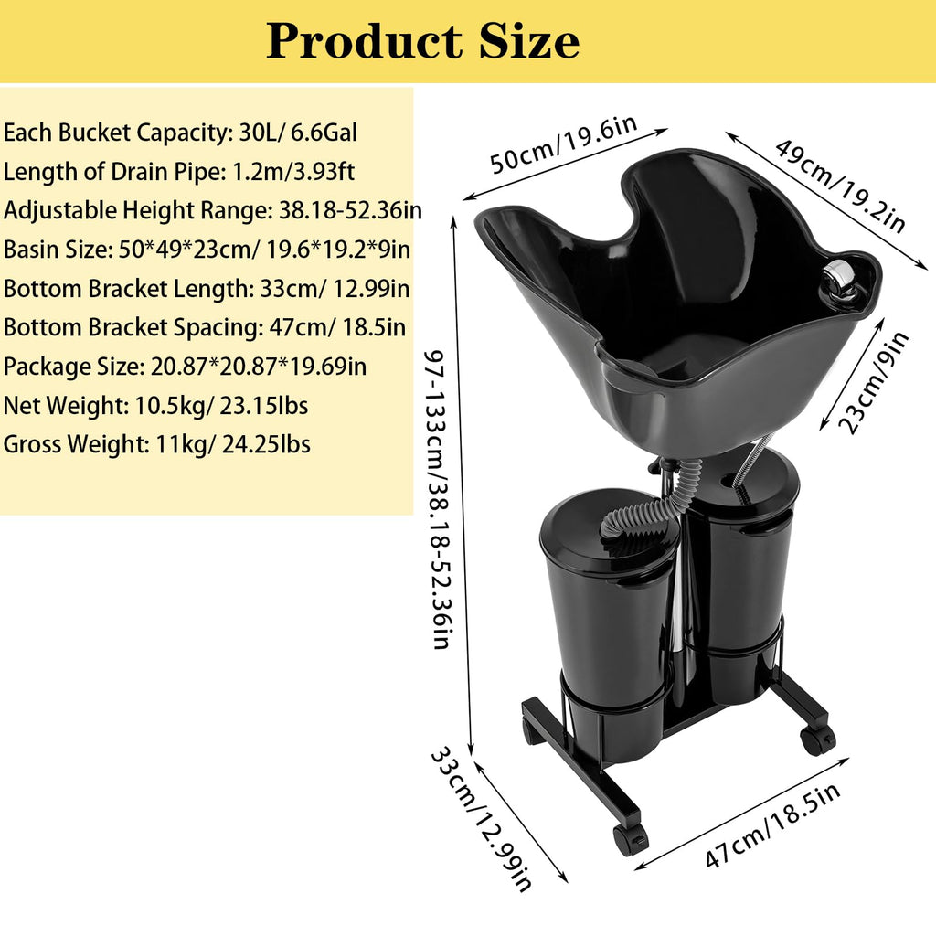 Portable Mobile Shampoo Bowl with Electric Pump, 2 Bucket, Drain Hoses, Height-Adjustable M106
