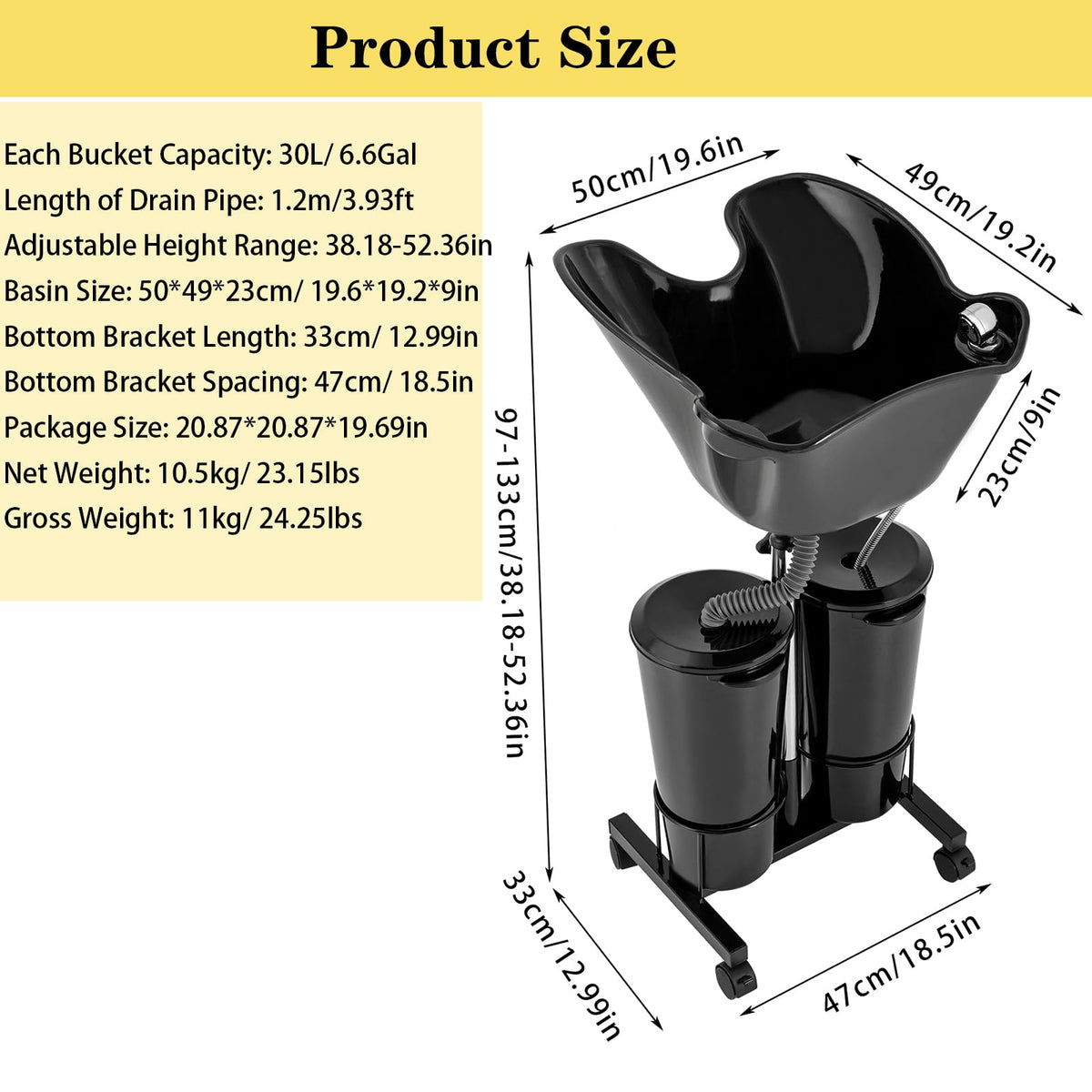 Portable Mobile Shampoo Bowl with Electric Pump, 2 Bucket, Drain Hoses, Height-Adjustable M106