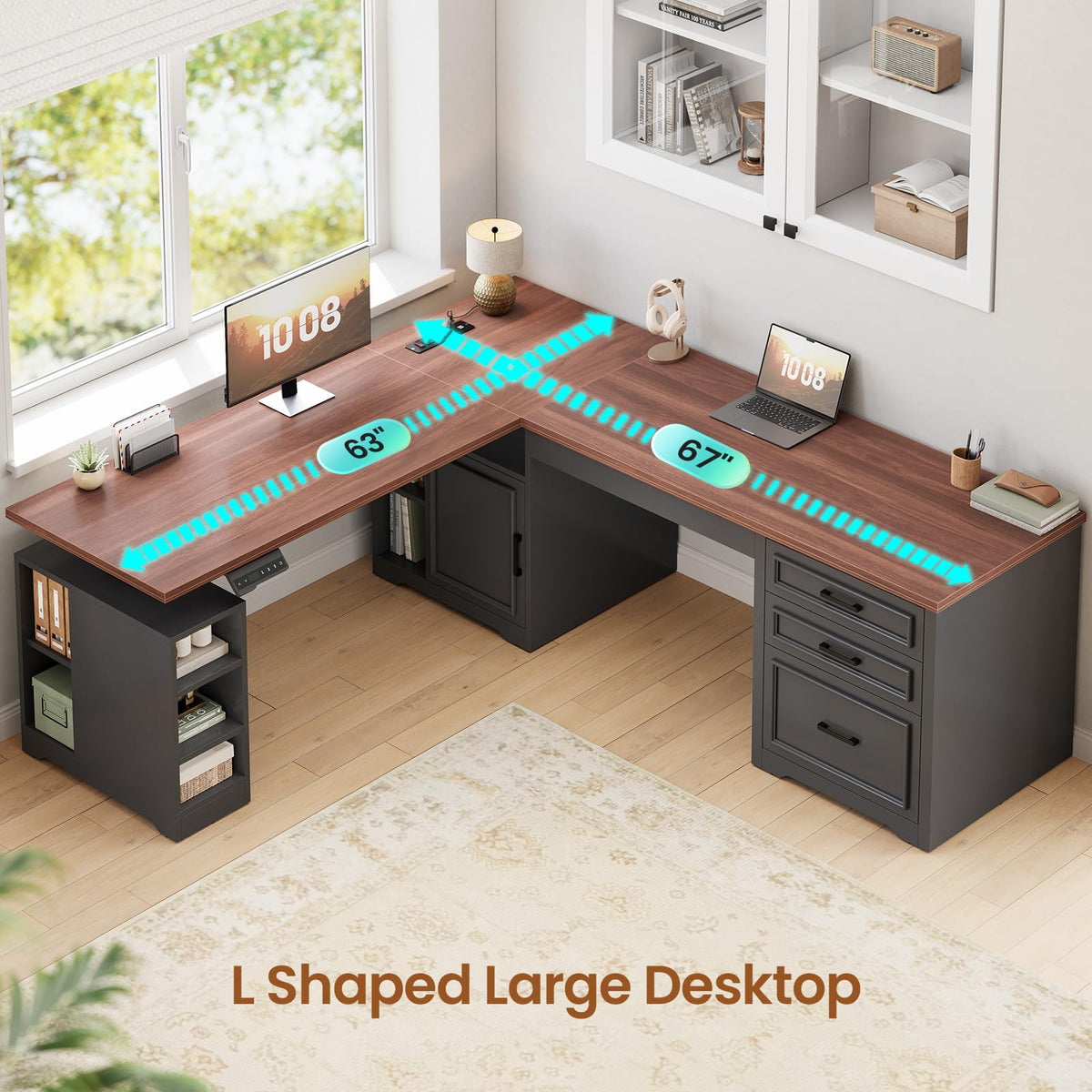 L Shaped Height Adjustable Standing Desk with Drawers and Shelves O844805