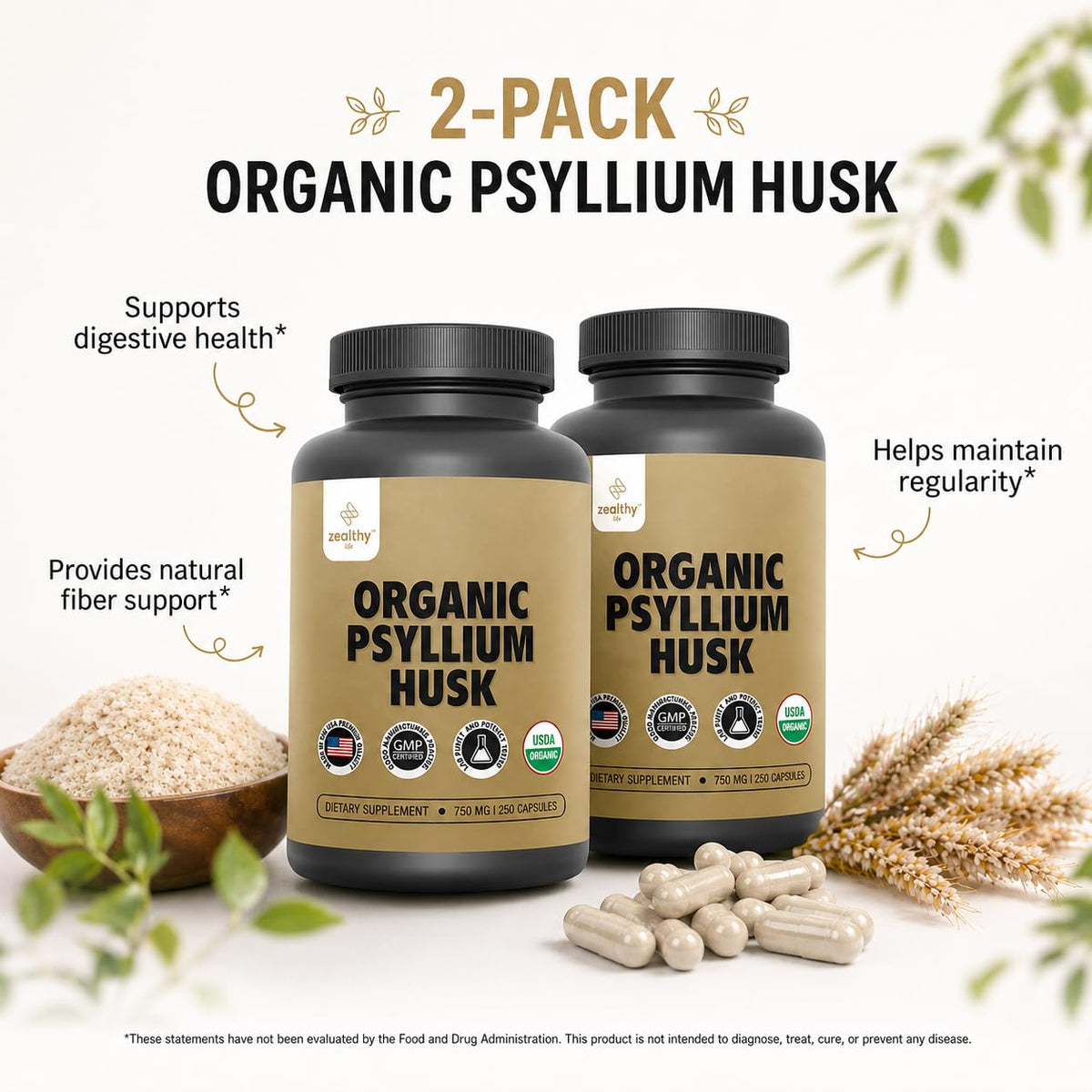 Organic Psyllium Husk Capsules 750 mg Fiber Supplement 250 Capsules Pack of 2 T581