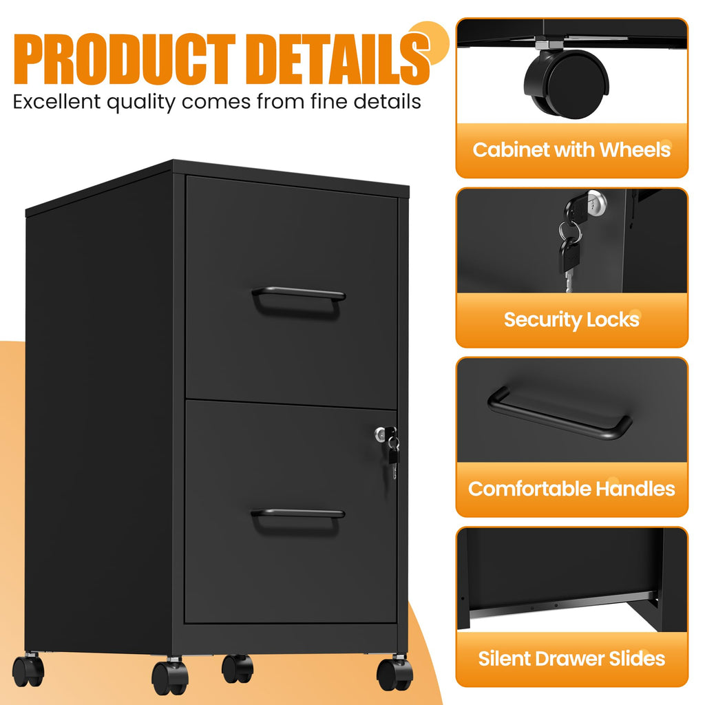 Black 2 Drawer Metal File Cabinet with Wheels and Lock F75863