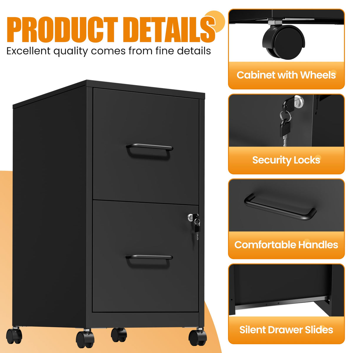 Black 2 Drawer Metal File Cabinet with Wheels and Lock F75863