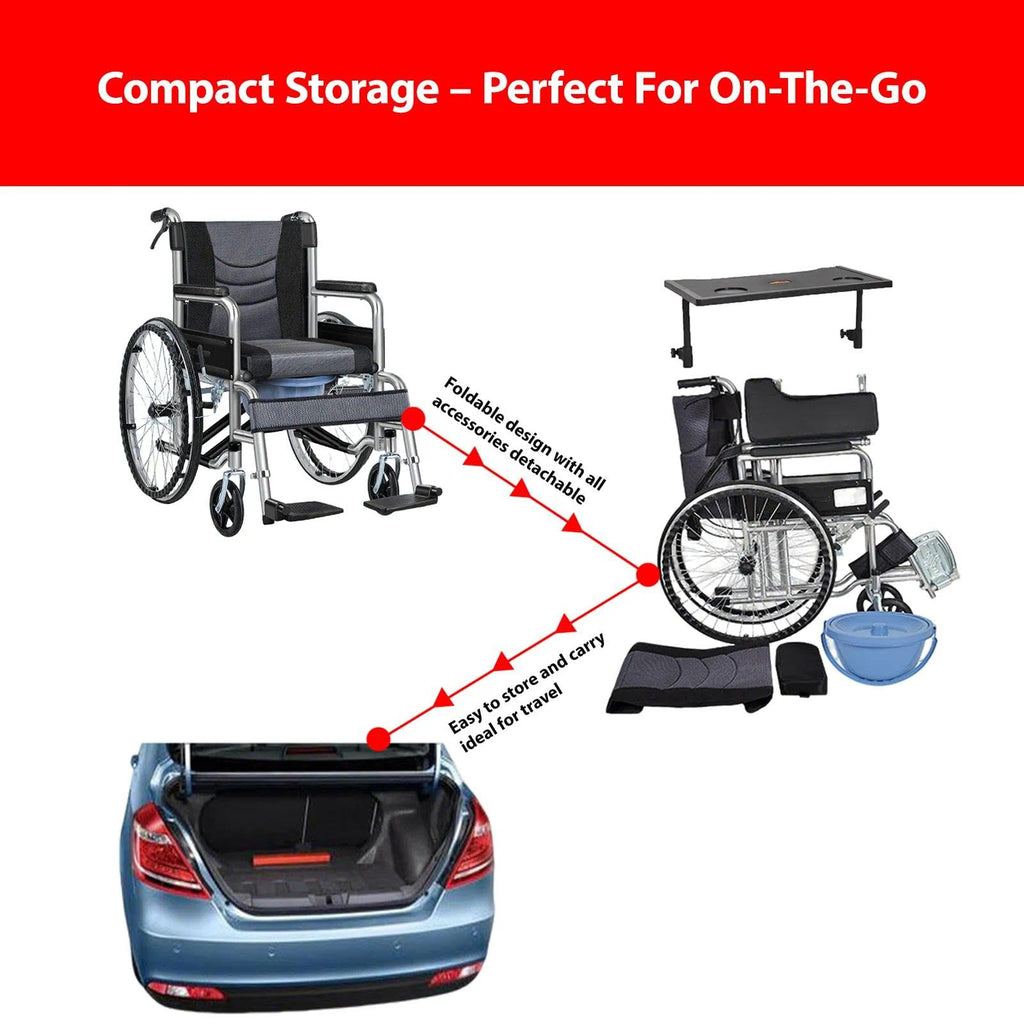 Foldable Reclining Wheelchair with Commode Bucket and Tray Table Y3323