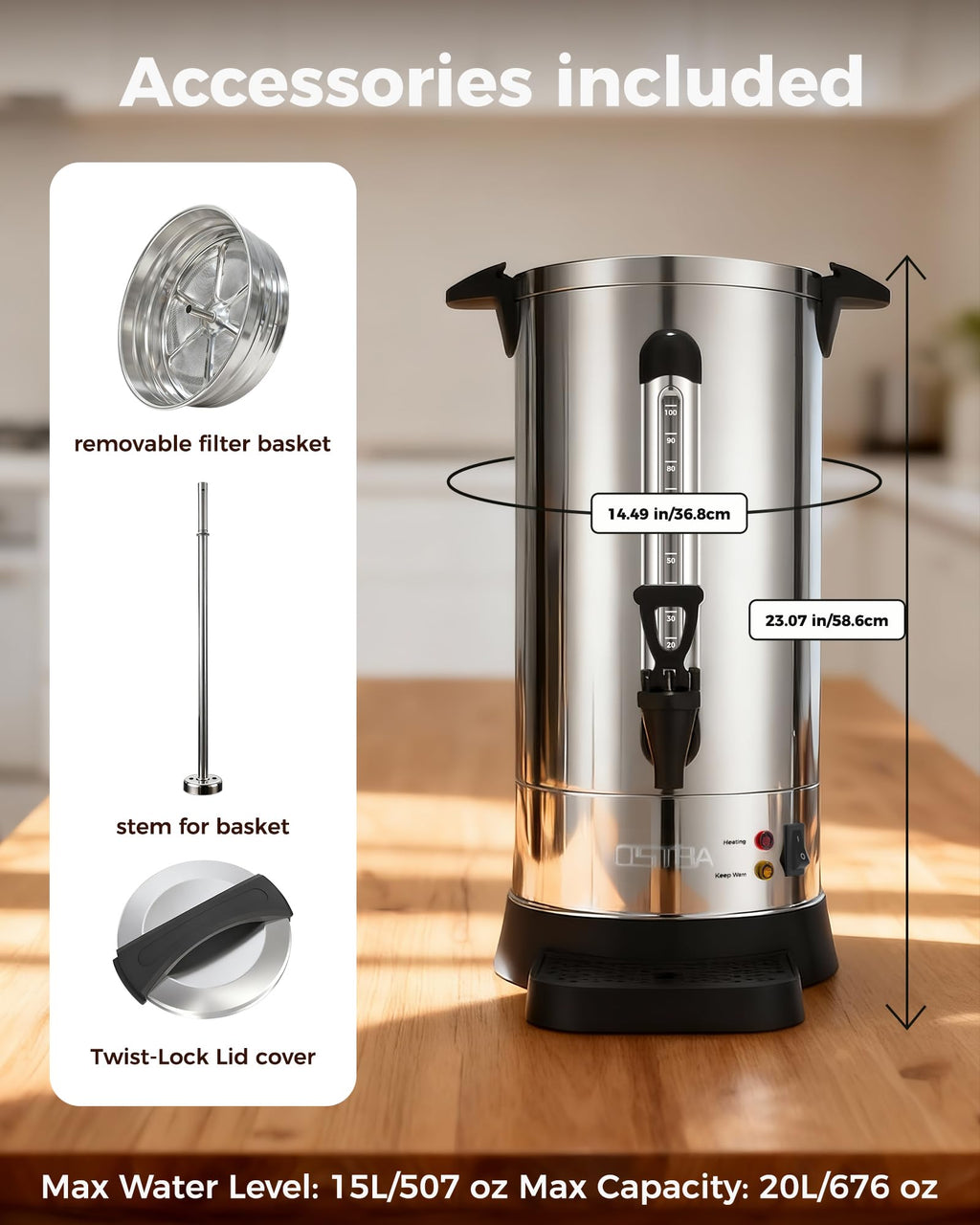 100-Cup Commercial Coffee Urn 15L Stainless Steel Percolator N116