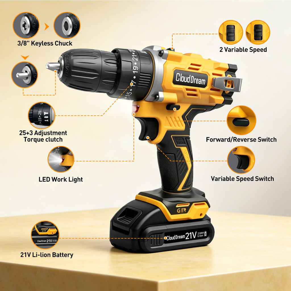 21V Cordless Drill Set with 2 Batteries and Charger N137806