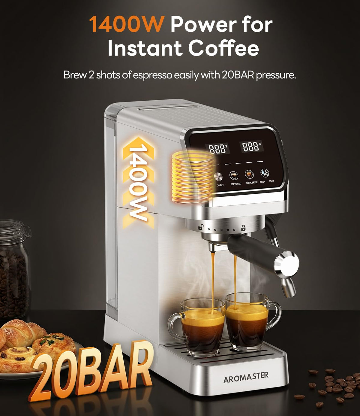 1400W Stainless Steel Espresso Machine with Milk Frother V166
