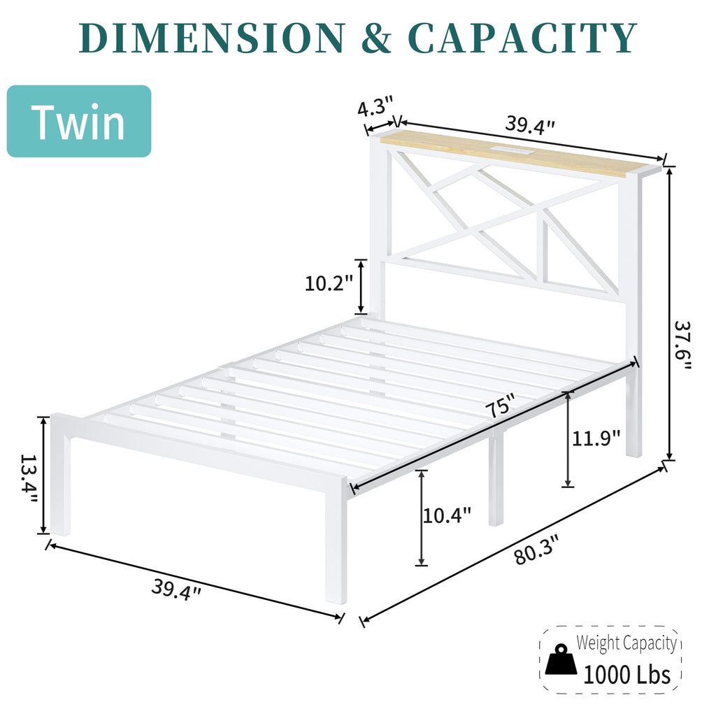 White Twin Metal Bed Frame with USB Charging Station X8466