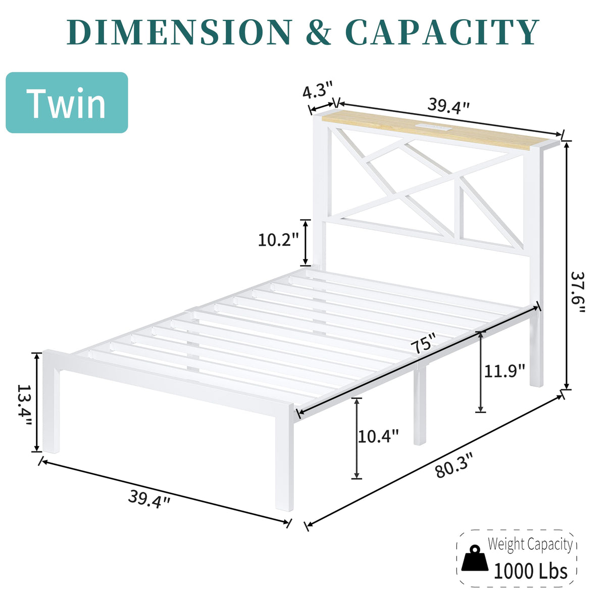 White Twin Metal Bed Frame with USB Charging Station X8466