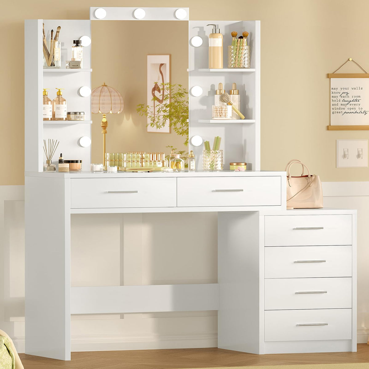 41.3" White Vanity Desk with Mirror and 9 LED Lights O613343