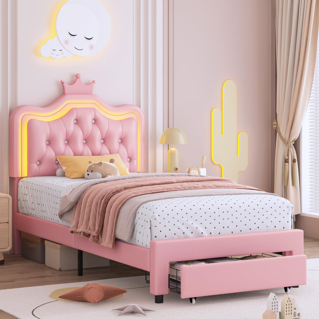 Pink Twin Upholstered Platform Bed Frame with Storage Drawer Y442