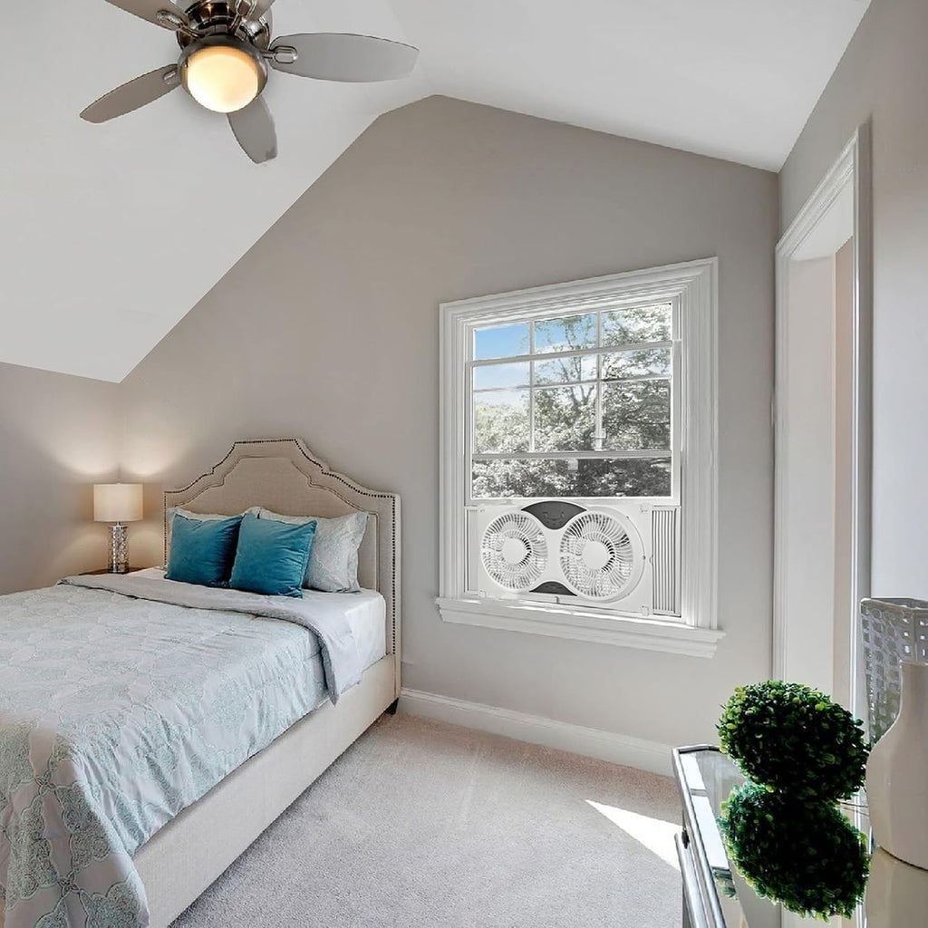 9” Window Fan with Remote Control, 3 Speed Dual Fans, White E857