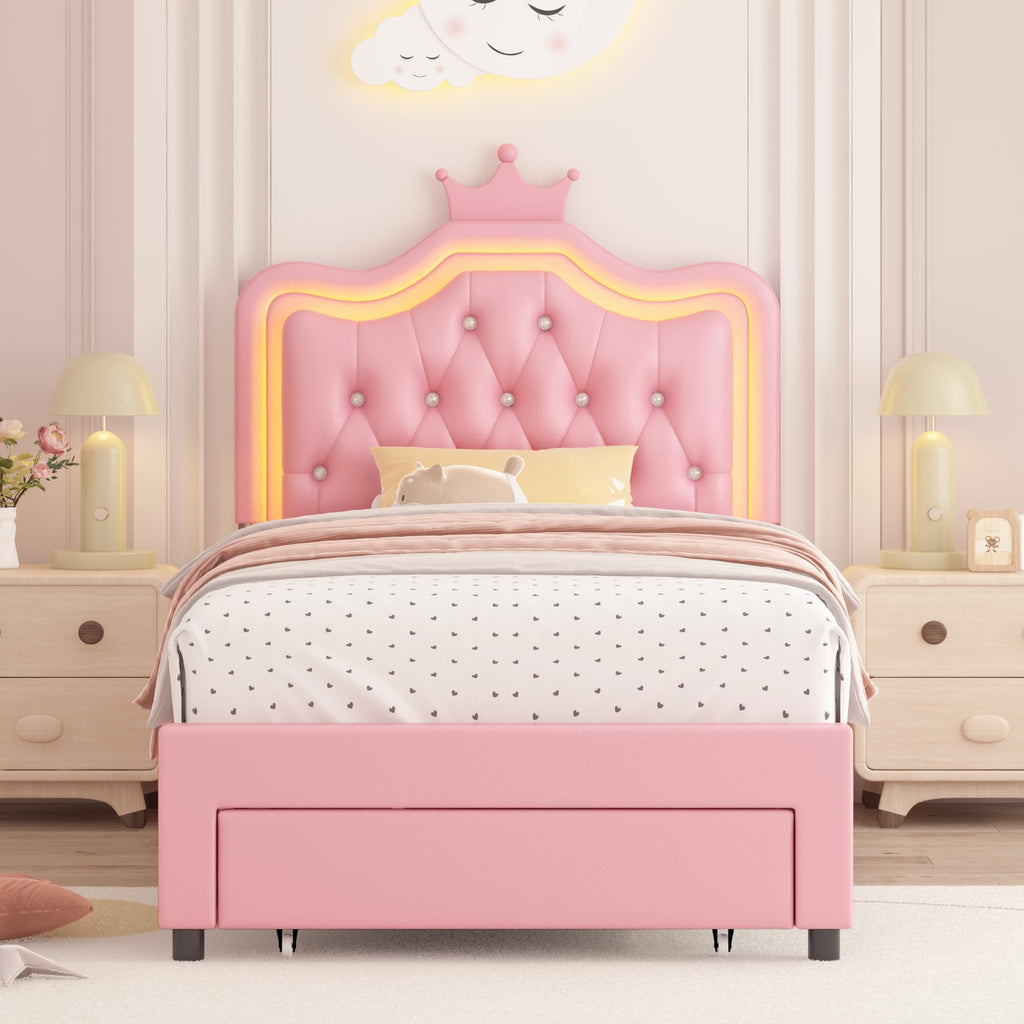 Pink Twin Upholstered Platform Bed Frame with Storage Drawer Y442