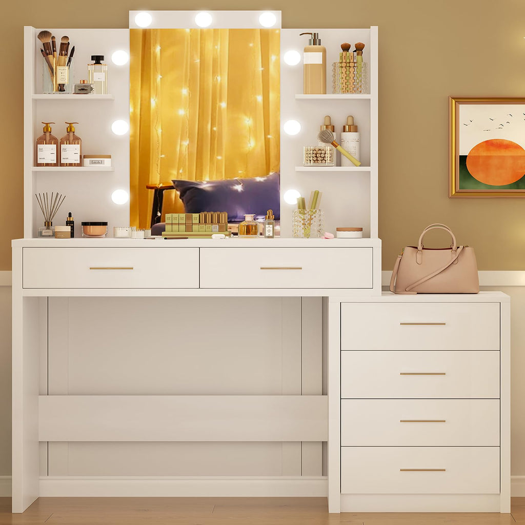 41.3" White Vanity Desk with Mirror and 9 LED Lights O613343