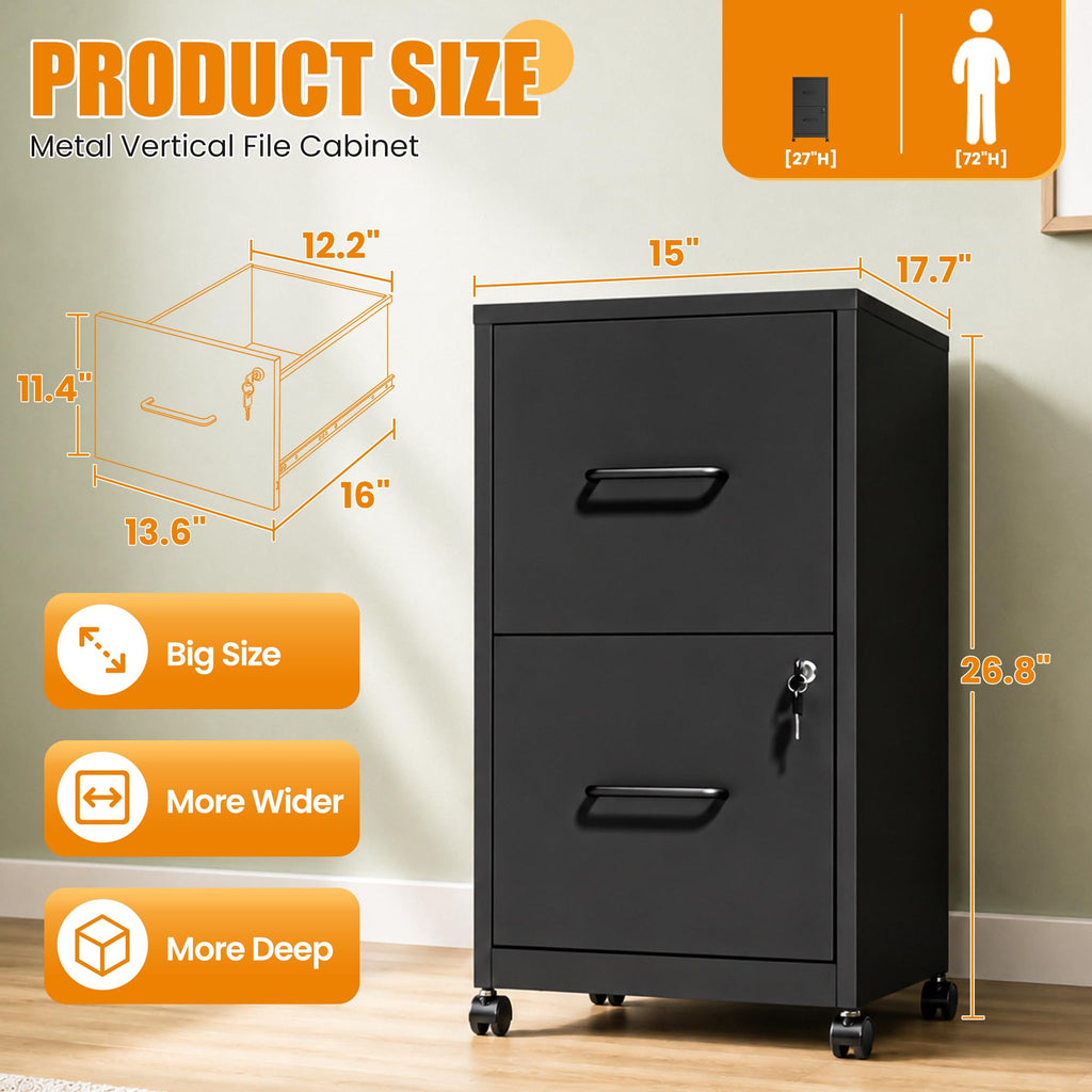 Black 2 Drawer Metal File Cabinet with Wheels and Lock F75863