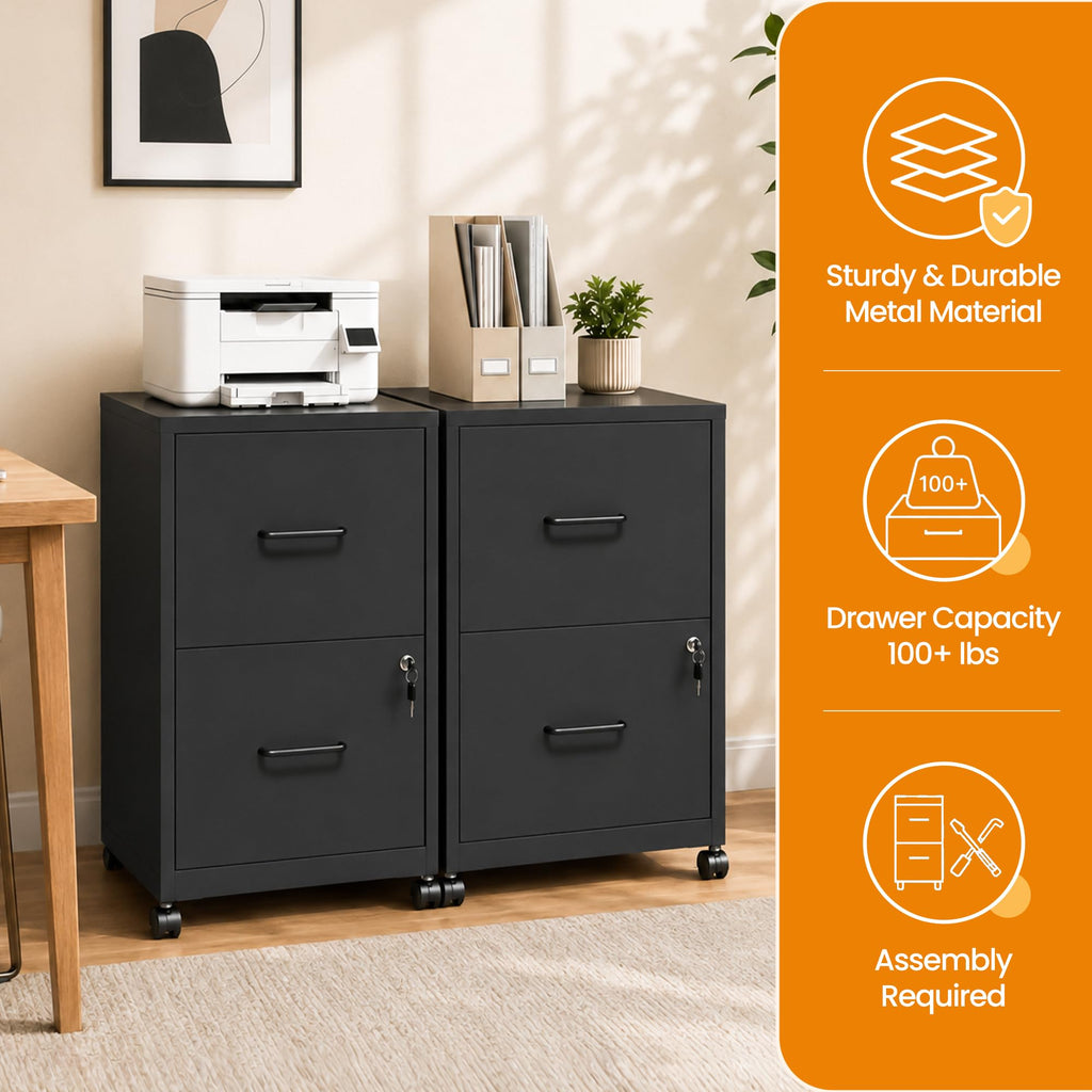 Black 2 Drawer Metal File Cabinet with Wheels and Lock F75863