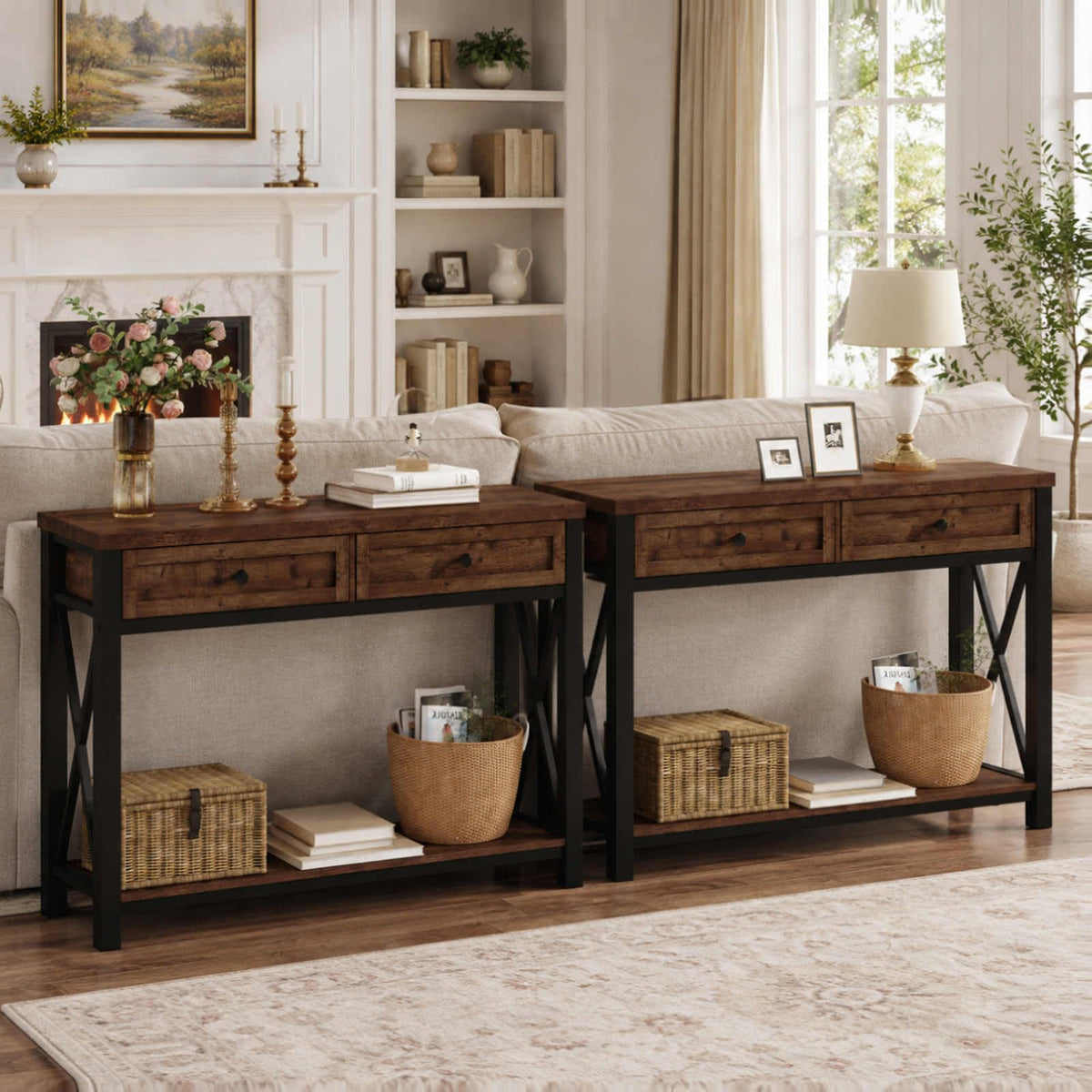 Rustic Oak 47 Inch Console Table with 2 Drawers R472