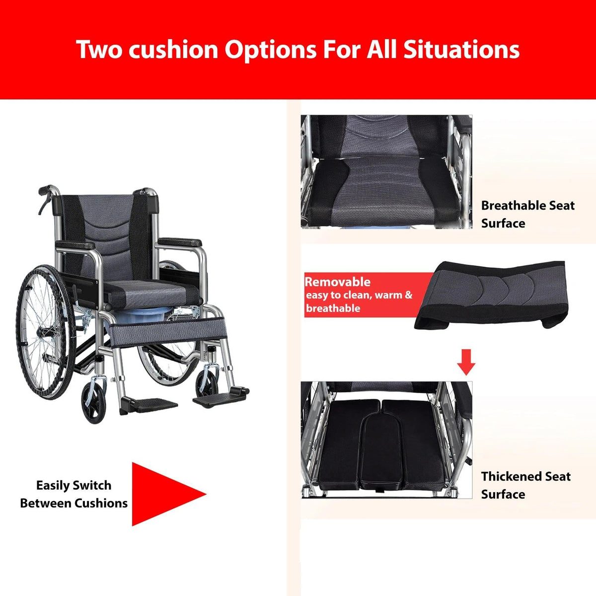 Foldable Reclining Wheelchair with Commode Bucket and Tray Table Y3323