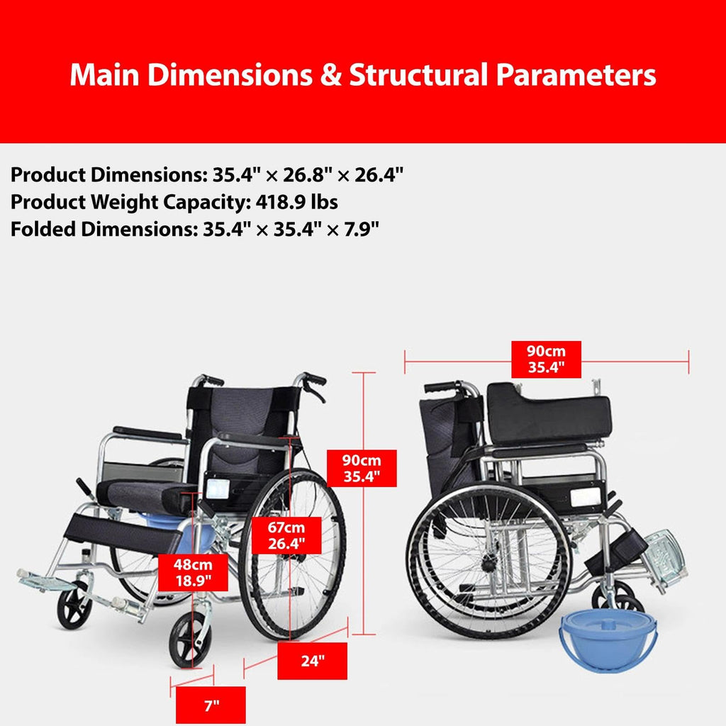 Foldable Reclining Wheelchair with Commode Bucket and Tray Table Y3323