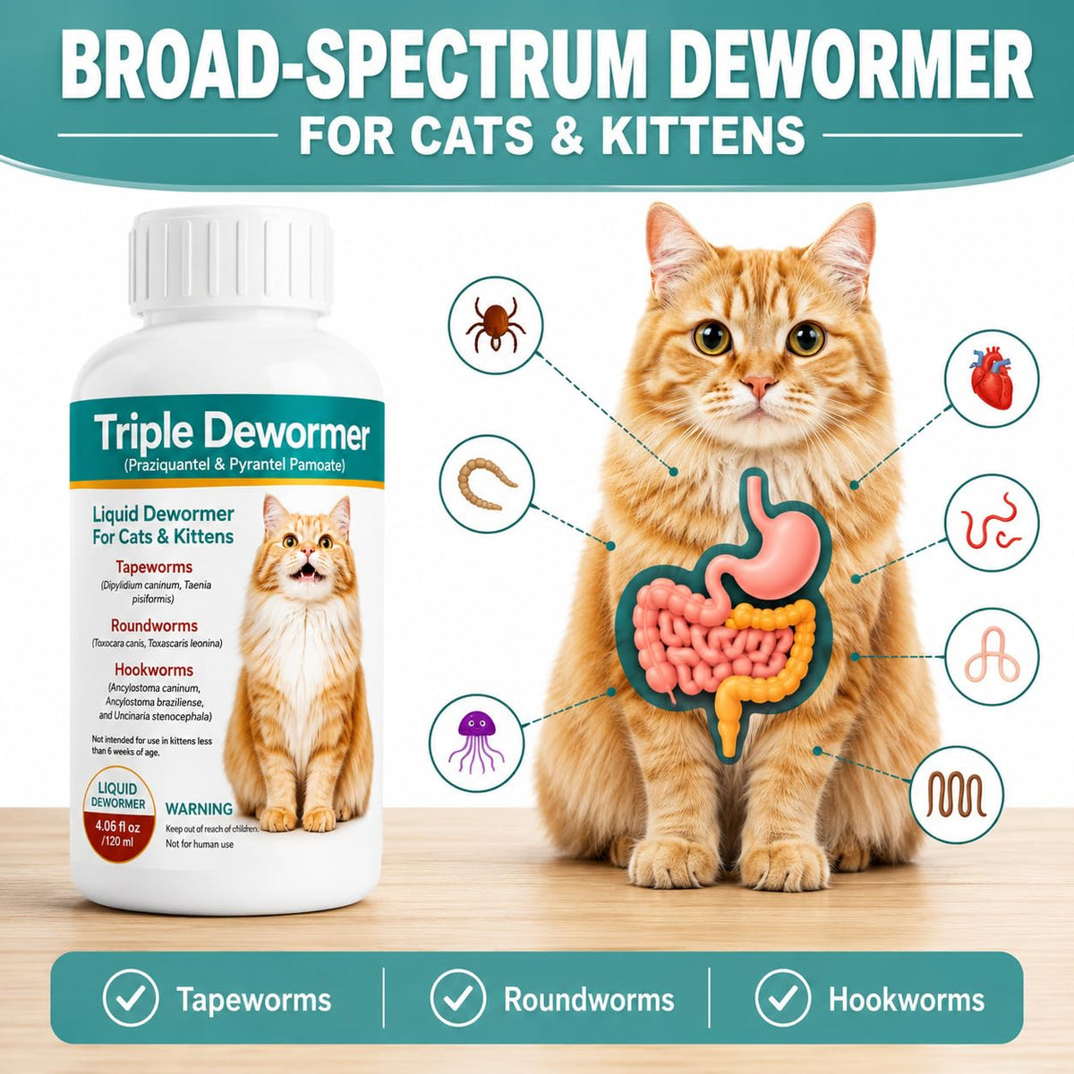 Cat Dewormer Liquid for Tapeworms, Roundworms and Hookworms A526