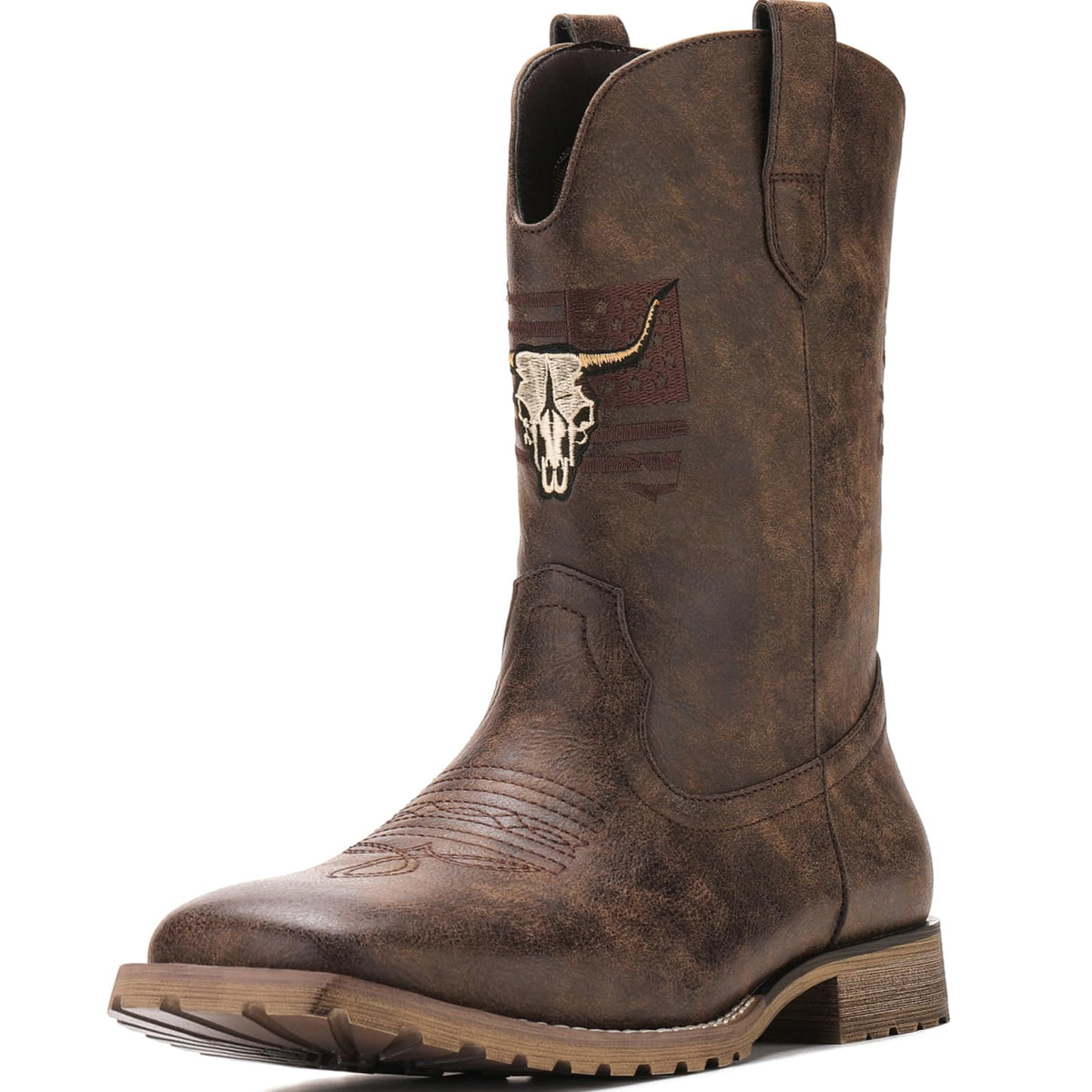 Vintage Distressed Brown Square Toe Mid-Calf Cowboy Boots P436