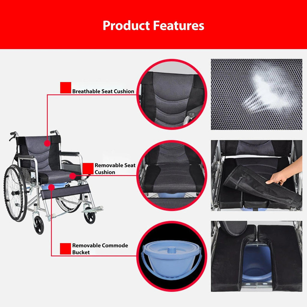 Foldable Reclining Wheelchair with Commode Bucket and Tray Table Y3323