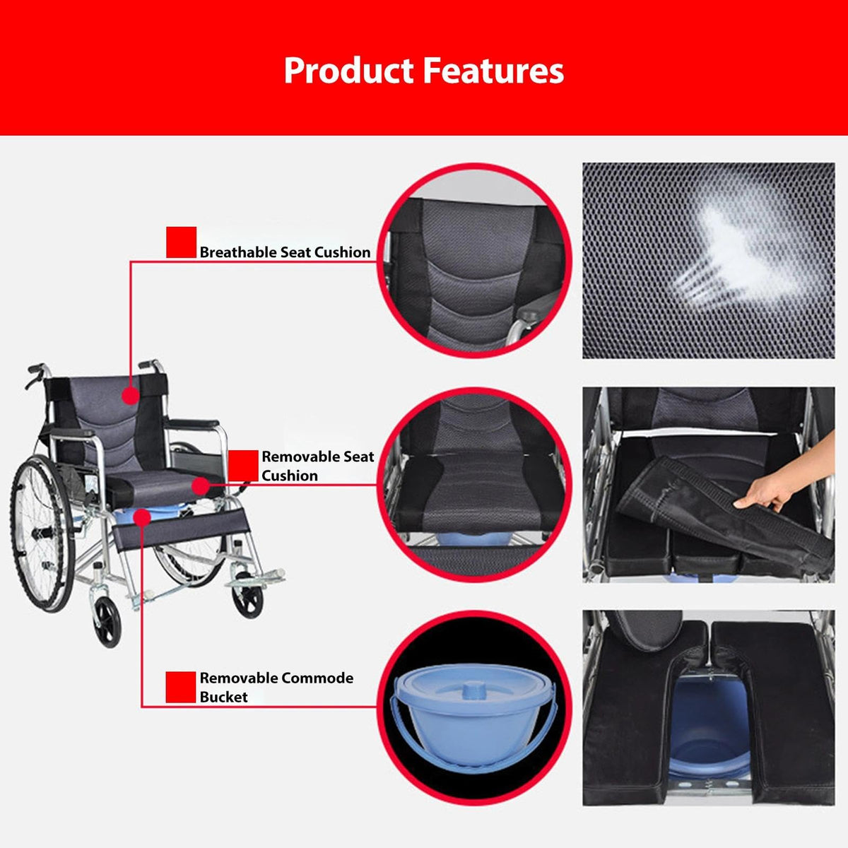 Foldable Reclining Wheelchair with Commode Bucket and Tray Table Y3323