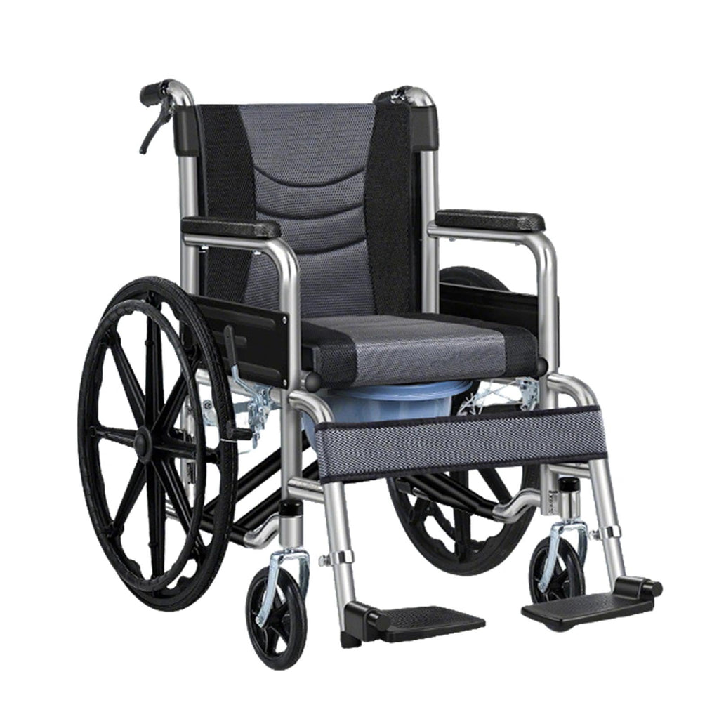 Foldable Reclining Wheelchair with Commode Bucket and Tray Table Y3323