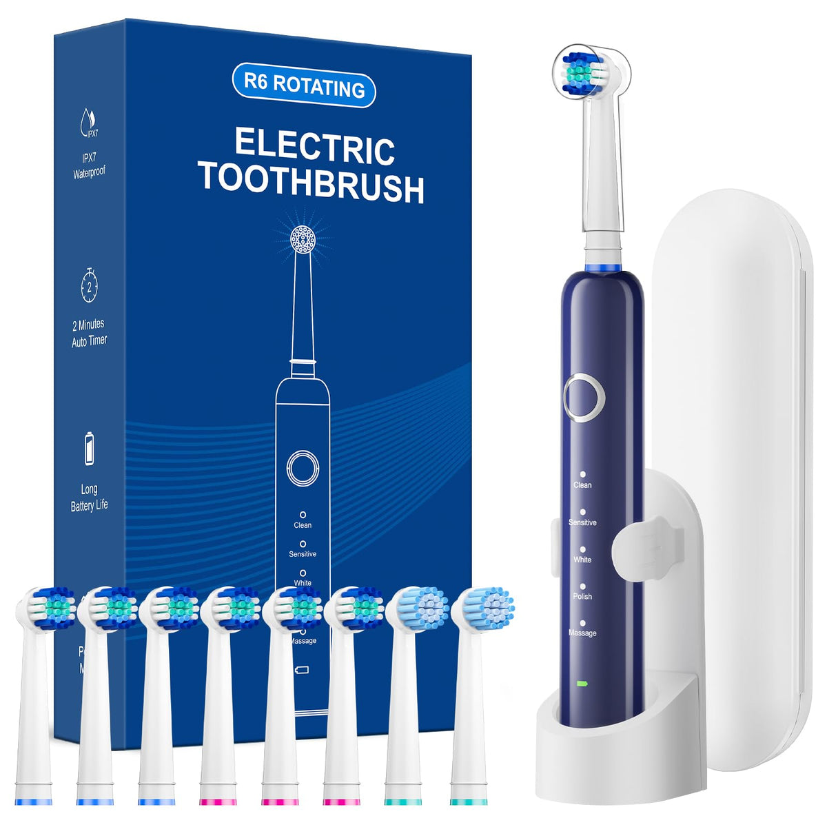 Black Rechargeable Electric Toothbrush with 8 Brush Heads X2857